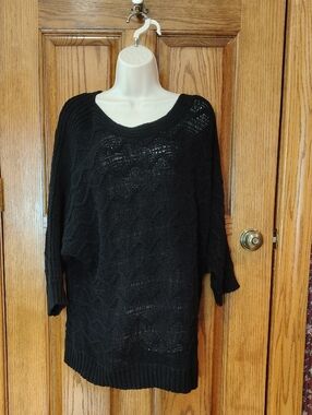Ruby Rd. Long Black Scoop Neck Semi-Sheer Cable Knit Sweater XL